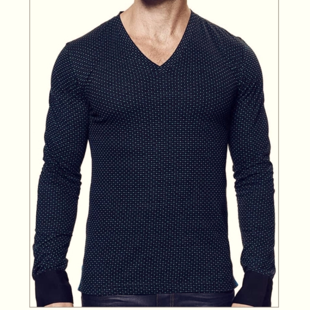 Maceoo Black Turquoise Dot V-neck Pullover Shirt Cuffed Size 2XL